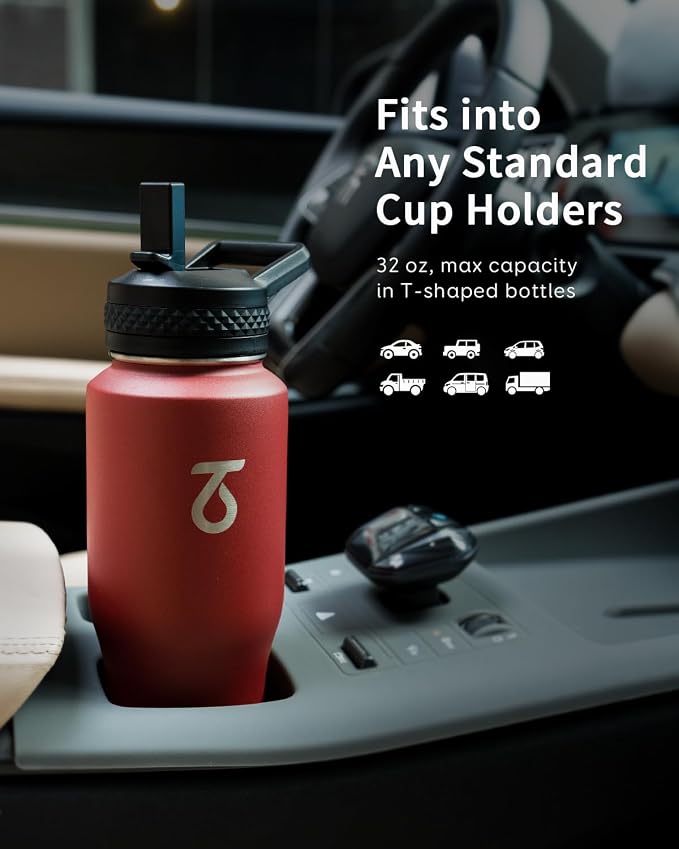 Trebo 40 oz Water Bottle Insulated Fit in Any Car Cup Holder with 2 Lids | Stainless Steel T-shape Tumbler with Paracord Handle, Triple Wall Vacuum Copper Plated, Cold 48 Hrs for Travel, Wide Mouth