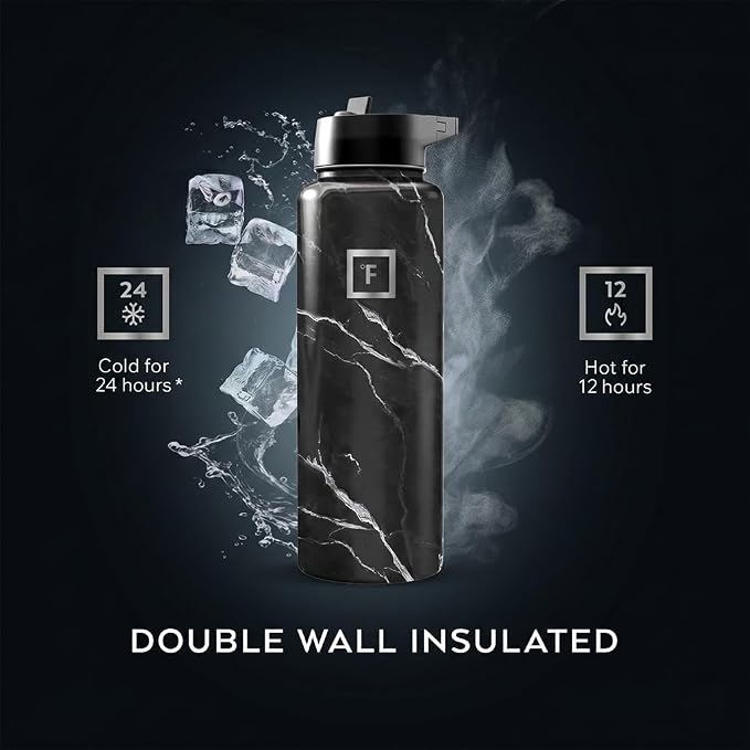 IRON °FLASK 40 oz Wide Mouth Water Bottle with Straw | Insulated Stainless Steel Sports Water Bottle with Leakproof Straw Lid - BPA Free, Cold 24 Hrs, Sweat Free (Black Marquina)