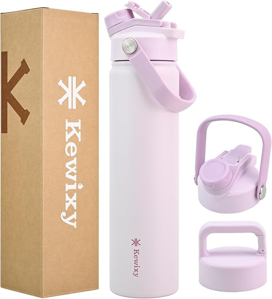 KEWIXY 24 oz Insulated Water Bottle, 2-in-1 Lid, Straw & Spout with Protected, Leak Proof, Keep Cold, Stainless Steel, Metal, Reusable, Handle, for Travel, Gym and School, 2 Lids, Pale Mauve