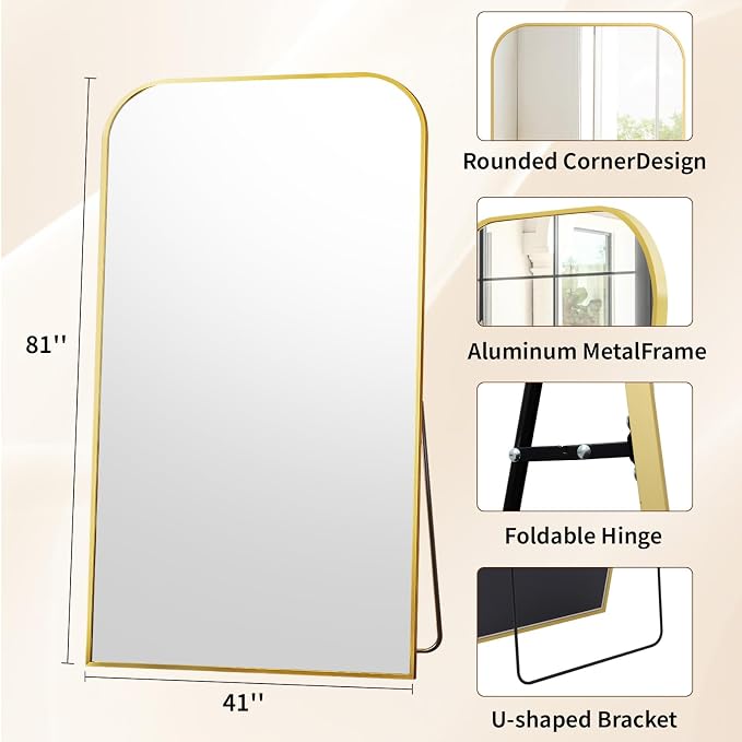 Oversized Full Length Mirror 81"x41" Arched Floor Standing Mirror | Large Full Body Mirrors with Stand - with Aluminum Frame for Bedroom Living Room, Gold