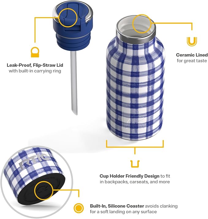 RTIC Little Journey Water Bottle with Straw, Ceramic-Lined, Insulated, Stainless Steel, Metal, Double Wall Vacuum-Insulation, Leak-Proof Lid, BPA-Free Water Flask for Sports, Travel, Cobalt Gingham