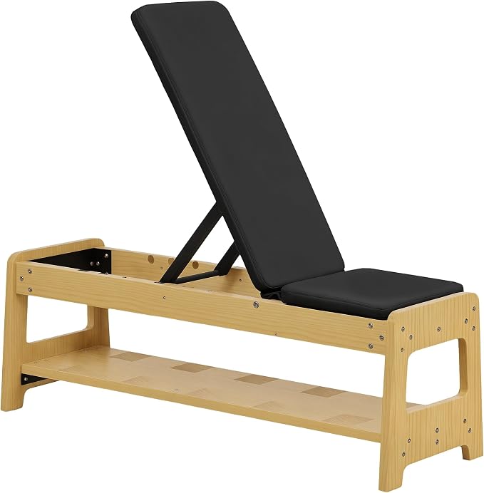 Soozier Adjustable Weight Bench with Dumbbell Rack Wooden Gym | Flat or Incline Design, Home Gym Weight Lifting Training