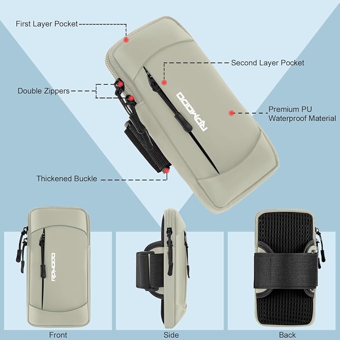 Cell Phone Armbands for Women Men, Adjustable Wrist Bag 7.5" Khaki | Water Resistance & Lightweight, Arm Phone Holder for Running Hiking Workout, Running Arm Band for iPhone Samsung Ultra