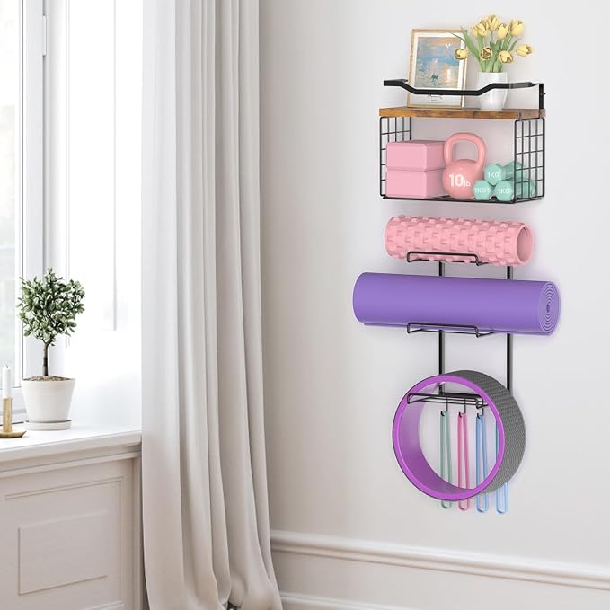 Yoga Mat Holder Wall Mount, Yoga Accessory Mats Storage Rack , Home Gym Accessories Organizer Storage With Wood Floating Shelves, Storage Basket and 4 Hook For Hanging Yoga Strap & Resistance Bands