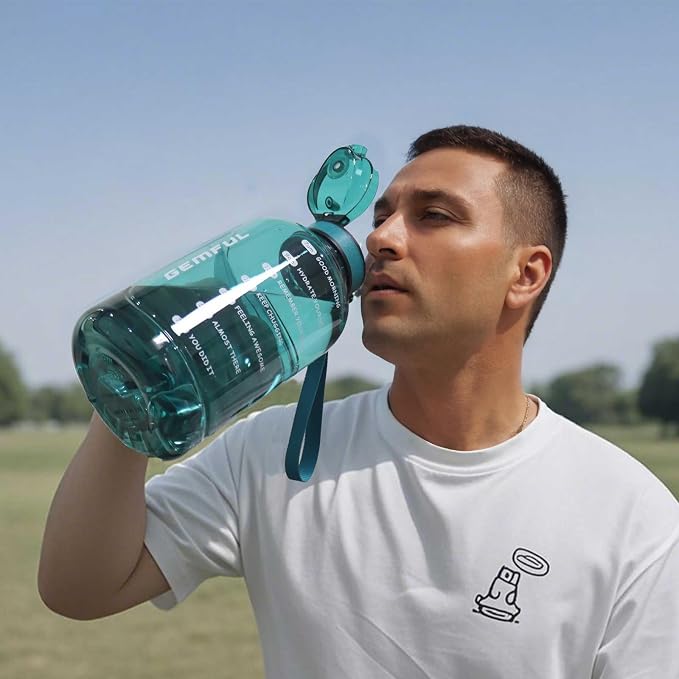 GEMFUL 64oz Motivational Water Bottle 2 Liter Sports Jug for Gym (Cyan) | BPA-Free, 64oz Capacity, Time Marker Tracks Daily Intake, Chug Lid, for Gym, Fitness, Hiking, Sport, Camping, Office, Travel