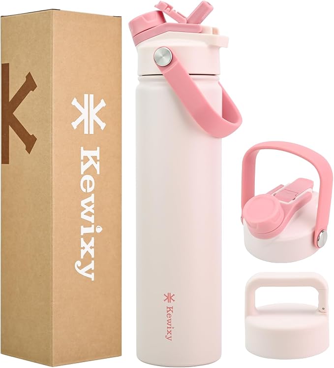 KEWIXY 24 oz Insulated Water Bottle, 2-in-1 Lid, Straw & Spout with Protected, Leak Proof, Keep Cold, Stainless Steel, Metal, Reusable, Handle, for Travel, Gym and School, 2 Lids, Blush Pink
