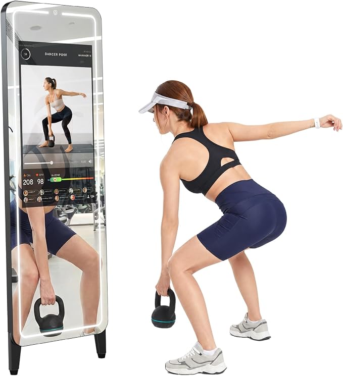 Smart Fitness Mirror, 32 Inch HD Touchscreen, 63 Inch Full-Length Workout Mirror, Android 12, RGB Music Sync, Wall Mount/Stand