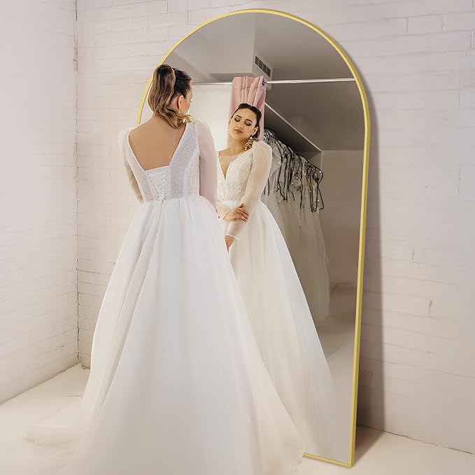 MirrMuse Oversized Arched Full Length Mirror with Stand, 82"X44", Gold | Tempered Glass, Free Standing, for Bedroom Living Room Clothing Store Gym, Aluminum Alloy Frame, Hanging or Leaning