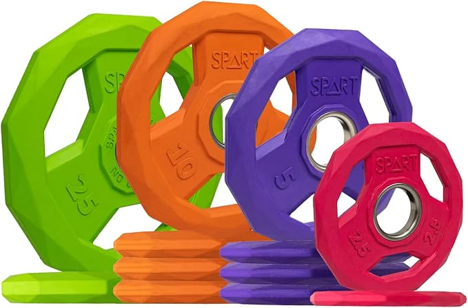 SPART Color Coded Weight Plate 2-Inch Rubber Coated Olympic Grip Plate for Barbell, Solid Cast Iron Weight Plates for Strength Training, Weightlifting, Crossfit, Home Gym, 2.5LB/5LB/10LB/25LB/35LB/45LB, Pair