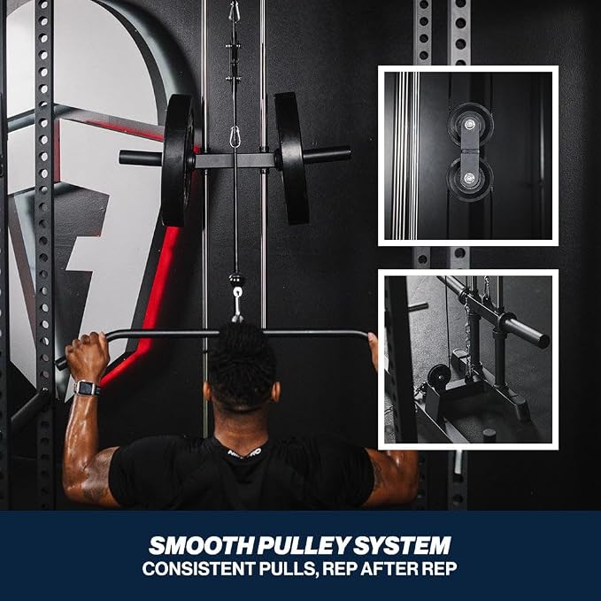 Titan Fitness T-2 Series 71" LAT Pulldown and Low Row Attachment, Plate-Loaded 300 LB Capacity, Space Saving Rack Mounted LAT Pulley Tower, Includes LAT Pulldown and Low-Row Handle