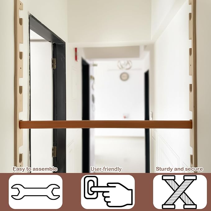 Leinuosen Doorway Pull-up Bar Sets Adjustable 5 Levels Wooden Doorway Pull-up Bar and 2 Door Frame with 6 Sets of Screw-in Heavy-duty Door-mounts to Fits 118cm