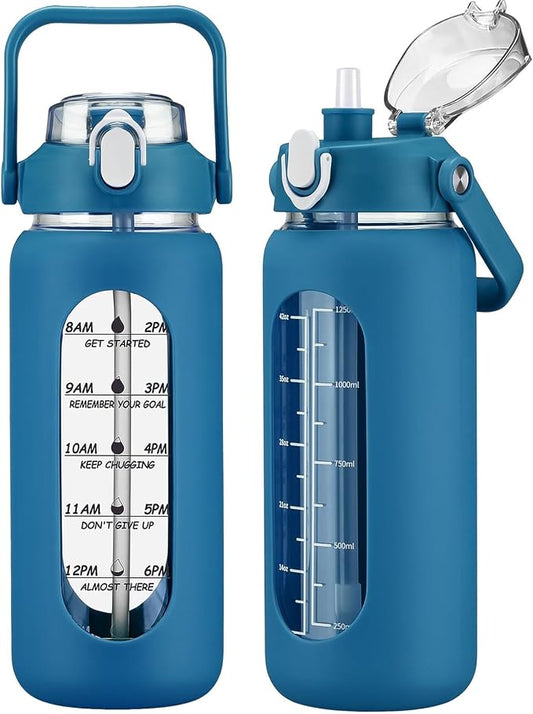 56oz Glass Water Bottles with Straw, Motivational Glass Bottle with Silicone Sleeve and Time Marker, Leakproof Large Glass Water Jug for Gym Home Office,Iron Blue