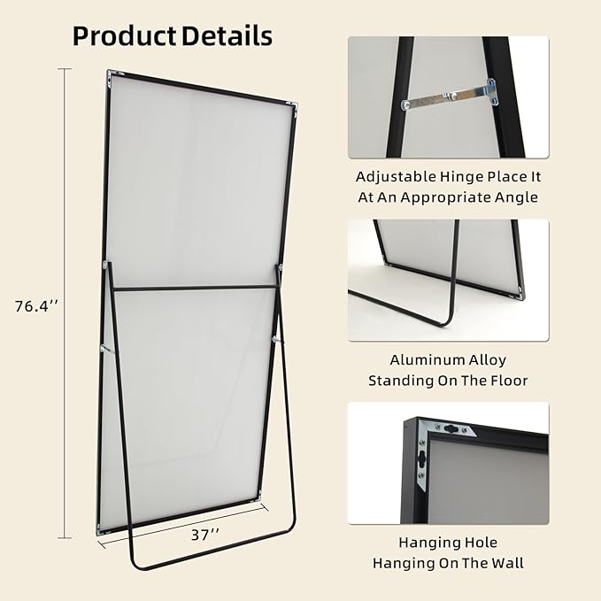 Beauty4U 76" x 37" Full Length Mirror with Stand, Black Large Floor Mirror | Standing, Leaning, or Wall-Mounted Tempered Glass Full Body Mirror with Metal Frame for Bedroom, Closet, Modern Home Decor