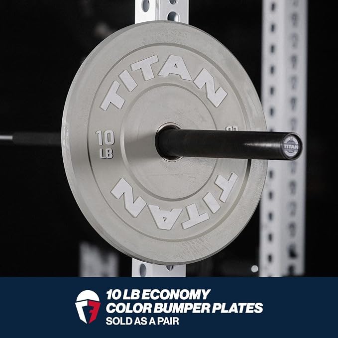 Titan Fitness Economy Olympic Bumper Plates, Color-Coded by IWF Standards, Low Bounce Rubber with Steel Insert, Weightlifting and Strength Training, Barbell Weight Set
