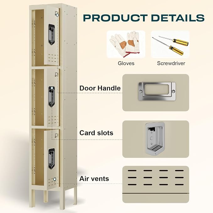 BUTISOW 3 Door Employee Metal Locker w/Card Slot for School Gym Office | Ventilated Metal Steel Locker with Mirror & Multi Hooks for Secure Storage