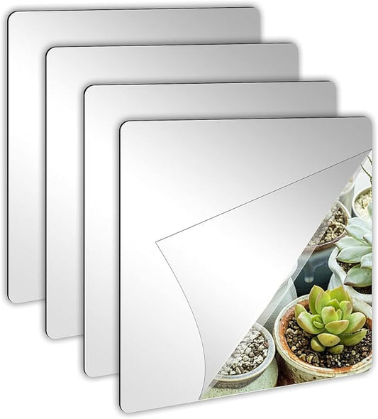 JUNEBRUSHS 4 Pack Self Adhesive Acrylic Mirror, 8 x 8 Inch Mirror Tiles | Flexible Plastic Mirror Sheets Wall Stickers, 2MM Thick Mirrors