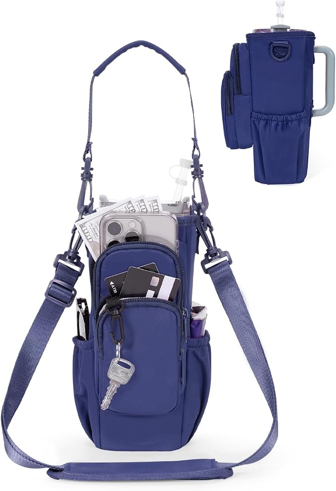 sportsnew 30/40oz Crossbody Water Bottle Holder Anti-Tip Tumbler Carrier | Lightweight Bottle Sling Fits Handled Tumbler w/ Phone Pocket, Adjustable Strap, Insulated Lining, Hands-free for Hiking Gym