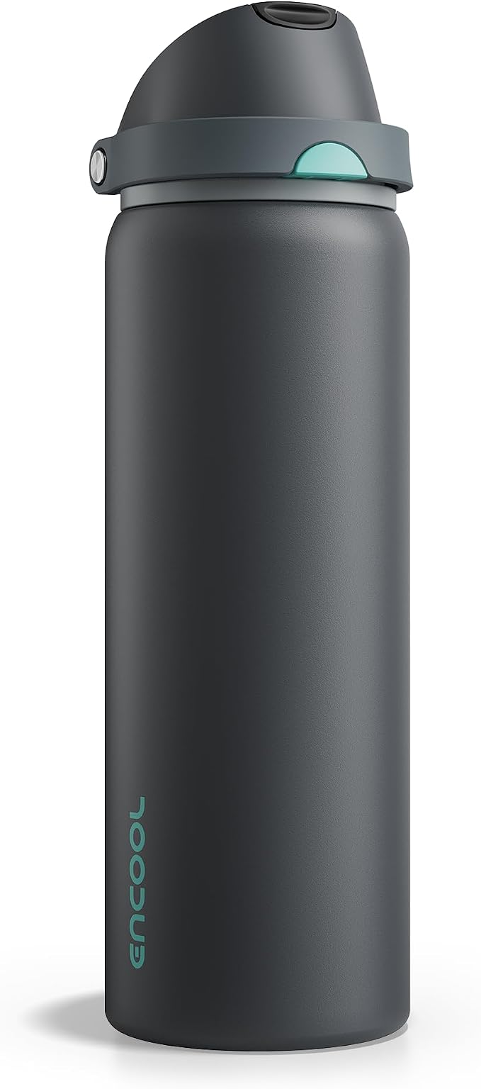 Insulated Water Bottle with Straw - Encool Stainless Steel Water Bottle with Push Button Lid, Leak-Proof & BPA-Free, Keeps Cold for 24 Hours for Sports, Travel, Gym (32 oz, Tuna Grey-Green)
