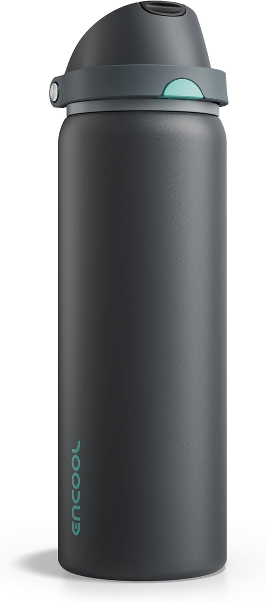 Insulated Water Bottle with Straw - Encool Stainless Steel Water Bottle with Push Button Lid, Leak-Proof & BPA-Free, Keeps Cold for 24 Hours for Sports, Travel, Gym (32 oz, Tuna Grey-Green)