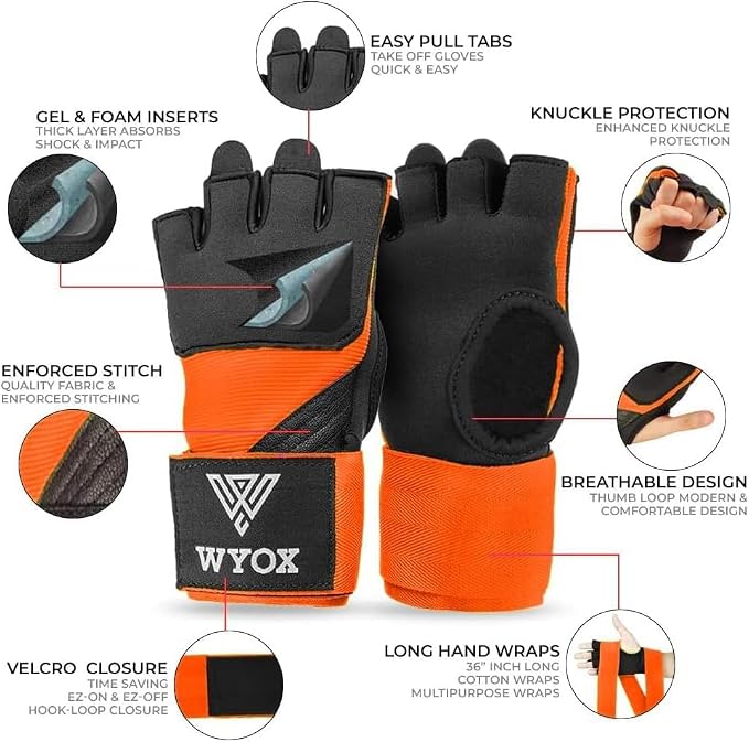 WYOX Neoprene Gel Boxing Hand Wraps Inner Gloves for Men & Women – 80cm/31in Quick Wrist Strap, Padded Knuckle Protection, Fingerless MMA Muay Thai Kickboxing Wraps for Training & Martial Arts