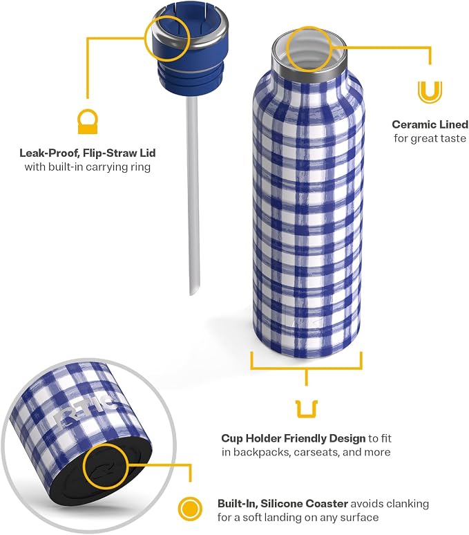 RTIC 20oz Journey Water Bottle Ceramic Lined Metal Stainless Steel Vacuum Insulated, BPA Free, Reusable, for Water, Hot and Cold Drinks, Travel, Sports, Camping, Cobalt Gingham