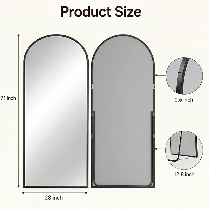 Antok Full Length Mirror, 71"x28" Floor Mirror with Stand, Hanging Mounted Mirrors for Bedroom, Living Room, Cloakroom, Dining Room, Black, Arched