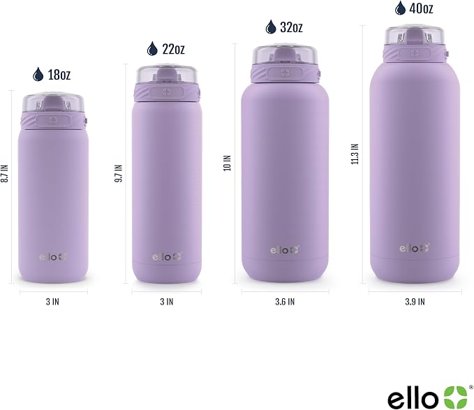 Ello Cooper 18oz Insulated Stainless Kids Water Bottle with Straw, Lilac | Leakproof kids water bottle with straw and carry handle. BPA-free, keeps drinks cold 23 hours, backpack friendly for school.