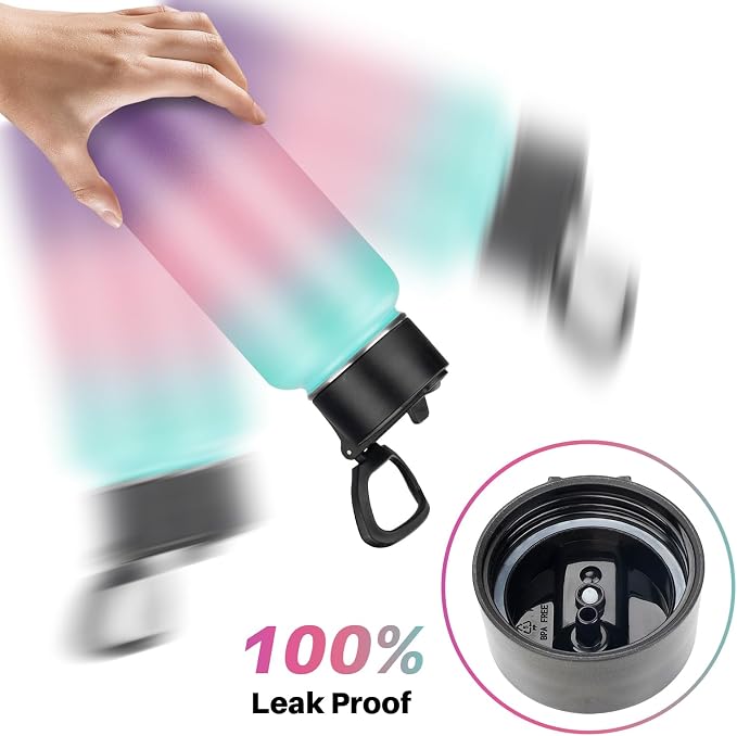 Insulated Water Bottle With Straw, 32 oz Vacuum Insulated Stainless Steel Sports Water Flask, Keeps Cold and Hot, Metal Water Bottle Wide Mouth for Gym Travel Camping (lucky Rainbow)