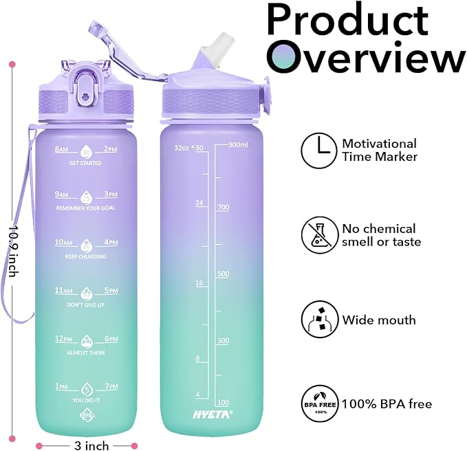 Hyeta Plastic Water Bottle With Straw & Time Marker, 32oz Leakproof Jug | Motivational Tritan BPA Free Gym Office Outdoor Intake Tracker Hourly Reminder Straw Lid Lightweight