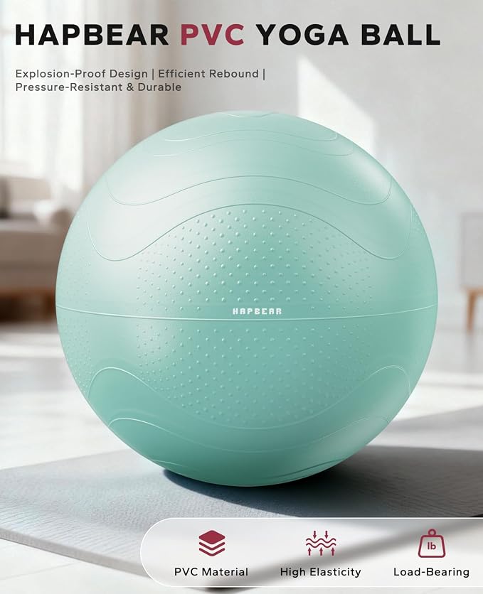 HAPBEAR Exercise Ball- Anti-Burst Slip-Resistant Yoga/Pilates Ball for Core Training & Posture Improvement, Home Gym/Rehab/Pregnancy Ball, Quick Pump & 3 Resistance Bands Included