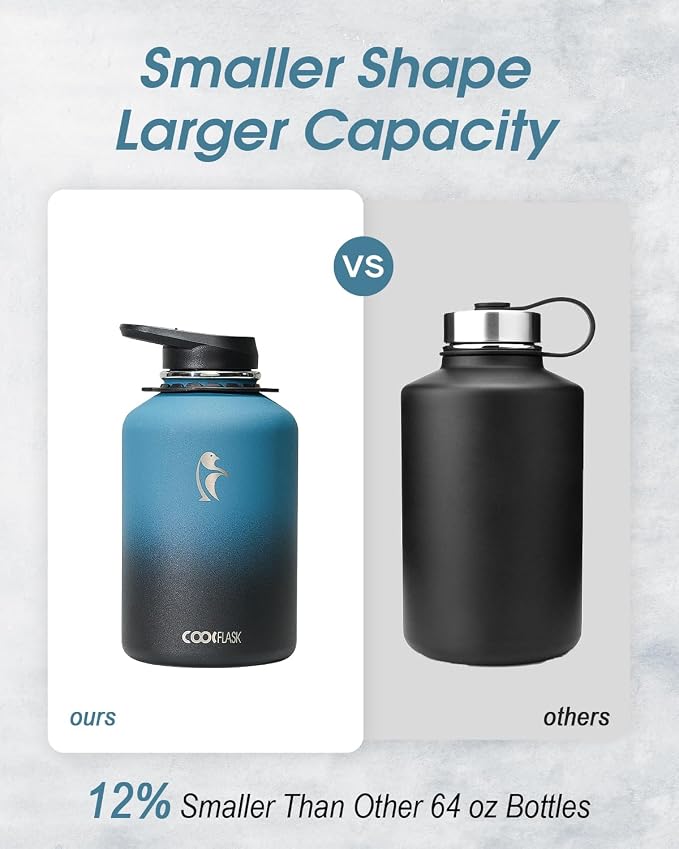 Coolflask Half Gallon Water Bottle Insulated Stainless Steel with Strap | 64 oz Large Water Jug with Straw & Spout Lids,Triple-Wall, Cold 48+h,Dishwasher Safe, Leakproof, BPA-Free,for Gym & Hiking