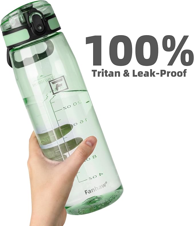 Fanhaw 32 oz Clear Plastic Water Bottle, BPA Free Leakproof Tritan Sports Water Bottle with Chug Lid, Wide Mouth Reusable Bottle for Gym, Travel, School & Office (Glow Green)