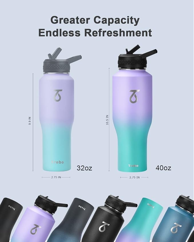 Trebo 40 oz Water Bottle Insulated Fit in Any Car Cup Holder with 2 Lids | Stainless Steel T-shape Tumbler with Paracord Handle, Triple Wall Vacuum Copper Plated, Cold 48 Hrs for Travel, Wide Mouth