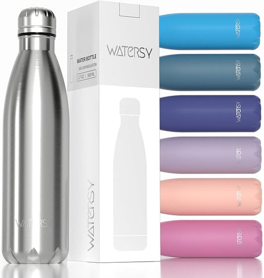 WATERSY Stainless Steel water bottles,17oz/500ml Insulated Water Bottle | Sliver metal water bottle Keeps Drink Cold and Hot,BPA Free kids water bottles for School,Gym,Travel,Sports