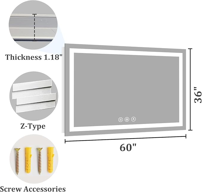 Koonmi 60x36 LED Bathroom Mirror with Light, Anti-Fog, 3 Colors | Backlit + Front Lit, Dimmable Brightness, Shatterproof HD Distortion-Free Tempered Glass, Hardware Included