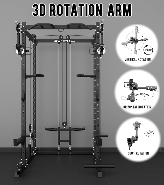 Eonfit E2 Power Rack, Squat Rack with Cable Crossover for Home Gym | Power cage with Pivot Arms Functional Trainer Pulley System Lat Pull Down For Garage Gym Strength Training