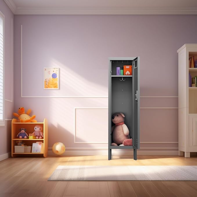 BUTISOW Metal Storage Locker with Lock & Card Slot Locker - Secure Lockable Door - Steel Locker for School, Office, Gym, Home - 54" H x 15" W x 15" D（1 Door, Grey）