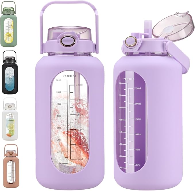 chunmo 74 oz Glass Water Bolttles with Straw Large Motivational Water Bottle with Time Marker Sports Water Bottles with Silicone Sleeve and Handle Lid 2.2L Water Jug for Gym Workout