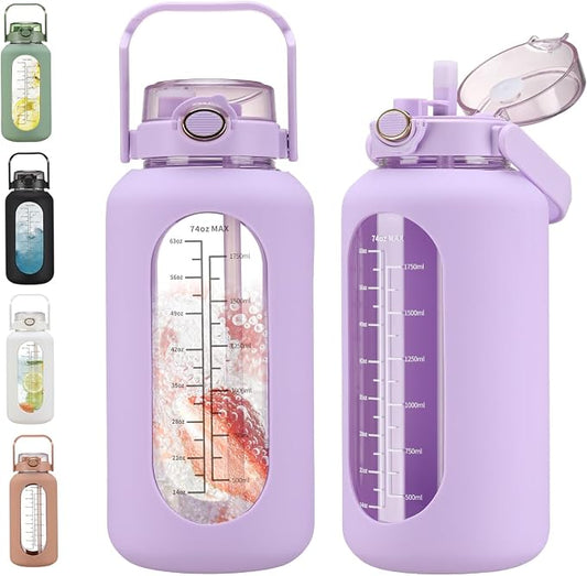 chunmo 74 oz Glass Water Bolttles with Straw Large Motivational Water Bottle with Time Marker Sports Water Bottles with Silicone Sleeve and Handle Lid 2.2L Water Jug for Gym Workout
