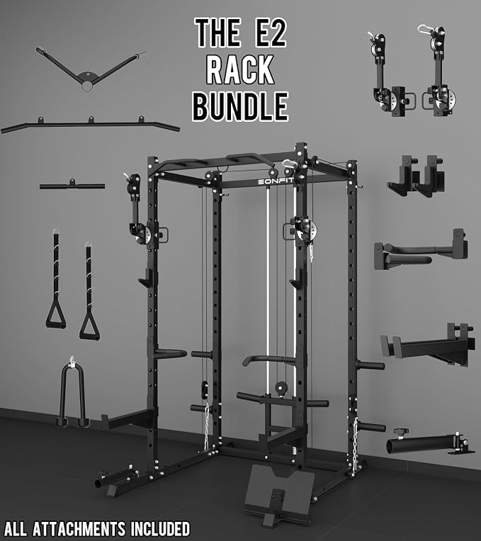 Eonfit E2 Power Rack, Squat Rack with Cable Crossover for Home Gym | Power cage with Pivot Arms Functional Trainer Pulley System Lat Pull Down For Garage Gym Strength Training