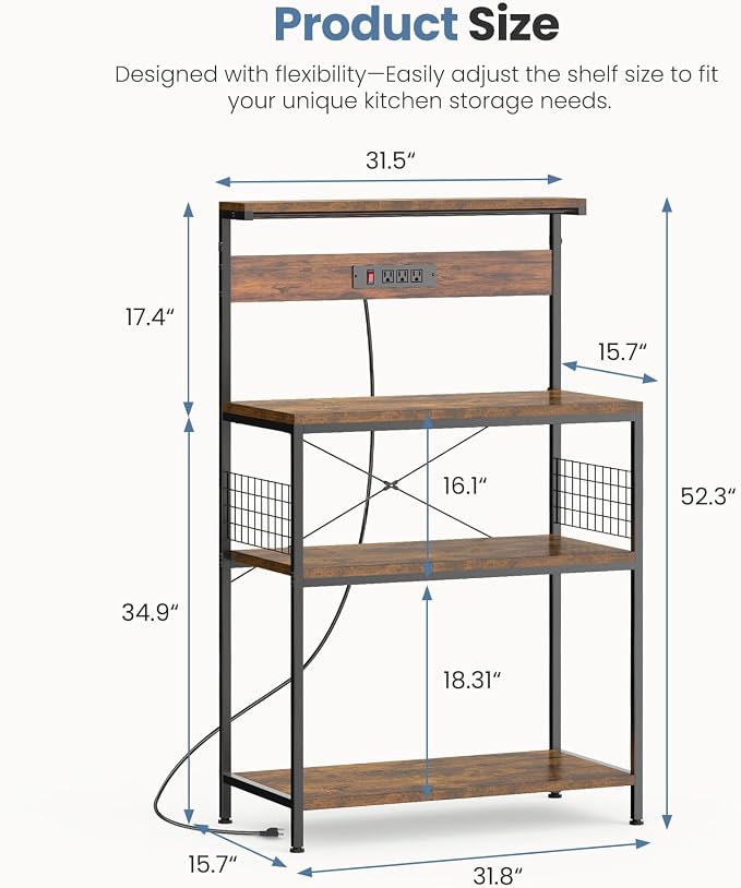 DUMOS 31.5" Bakers Rack with Power Outlet for Kitchen Organization | Microwave Stand with 3 AC Outlets, On/Off Switch and 6.5ft Power Cord, 3 Open Tiers and Adjustable Middle Shelf, Brown