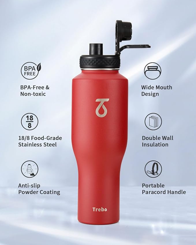 Trebo 40 oz Water Bottle Insulated Fit in Any Car Cup Holder with 2 Lids | Stainless Steel T-shape Tumbler with Paracord Handle, Triple Wall Vacuum Copper Plated, Cold 48 Hrs for Travel, Wide Mouth