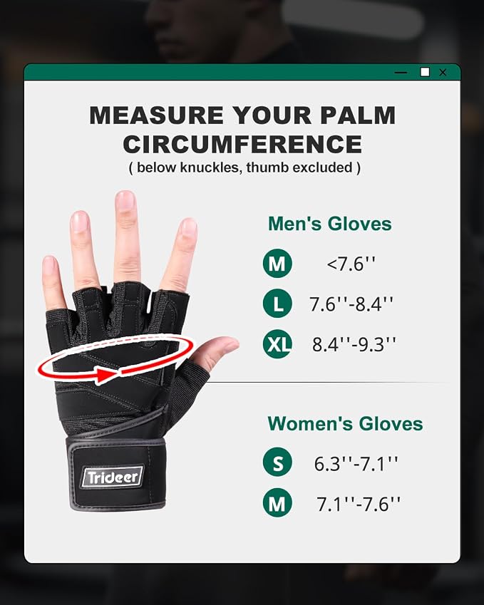Trideer Workout Gloves for Men, Weight Lifting Gloves with Wrist Wrap Support, Full Palm Protection & Extra Grips for Weightlifting, Exercise, Cross Training, Fitness, Pull-up
