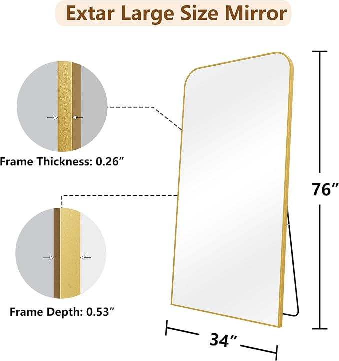 Koonmi Full Length Mirror, 76"x34" Mirror Full Length with Stand | Domed Top Square-Edged ShatterProof Floor Mirror with Gold Aluminum Alloy Frame for Bedroom Living Room Home Gym