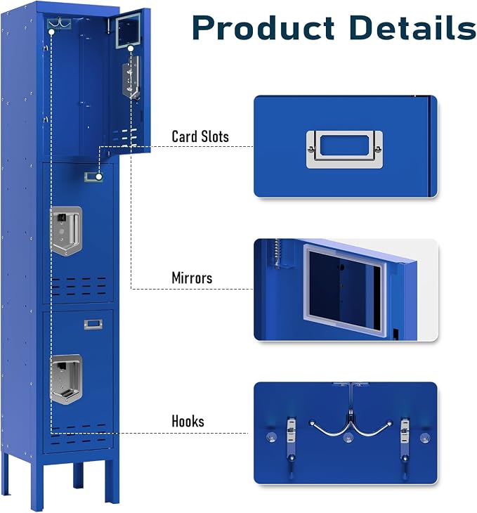 BUTISOW 3 Door Employee Metal Locker w/Card Slot for School Gym Office | Ventilated Metal Steel Locker with Mirror & Multi Hooks for Secure Storage