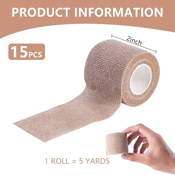 KISEER 15 Pack 2 Inch x 5 Yards Skin Self Adhesive Bandage Breathable Cohesive Bandage Wrap Rolls Elastic Self-Adherent Tape for Stretch Athletic, Sports, Wrist, Ankle