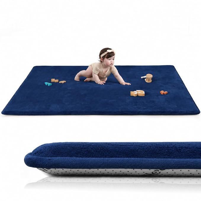 Baby Play Mat for Floor,1.3" Thick Foam 50"×50" Playpen Mat for Tummy Time,Non-Toxic Certified Water Repellent Soft Coral Velvet for Toddler,Infant,Kids,Non-Slip Backing Safe for Crawling (Dark Blue)