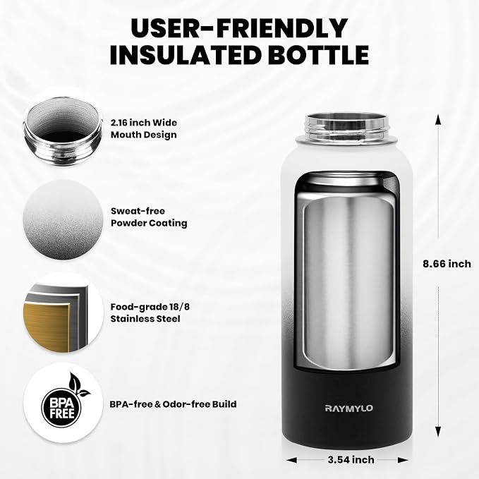 RAYMYLO Insulated Water Bottle 32 oz, Triple Wall Vacuum Stainless Steel | (Cold for 24Hrs, Hot for 12Hrs), Leak Proof & Non-BPA, Modern Water Flask Jug with Paracord Handle & Straw Spout Lids