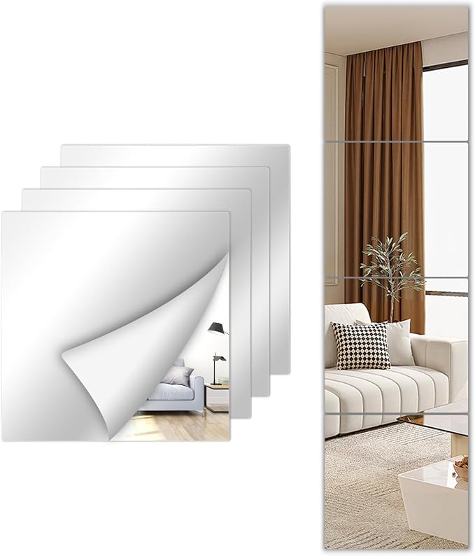 Stick on Small Mirror for Wall Decor, 4 Pack 11.7”x11.7” Acrylic Mirror Tiles, Plastic Non Glass Sticky Kids Safety Toddler Mirrors, Shatterproof Mirrors Sheet for Bedroom Closet