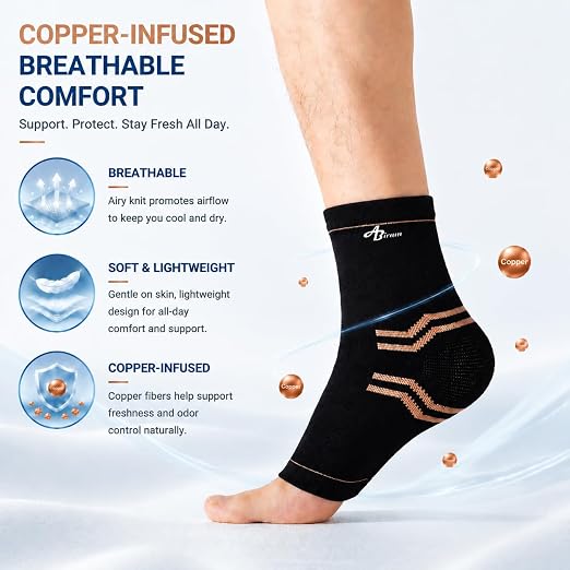 ABIRAM Copper-Infused Ankle Brace Compression Sleeve with Adjustable Strap | Breathable Lightweight Support with Long-Lasting Odor Defense, Ideal for Running, Gym, Basketball, Training & Daily Wear